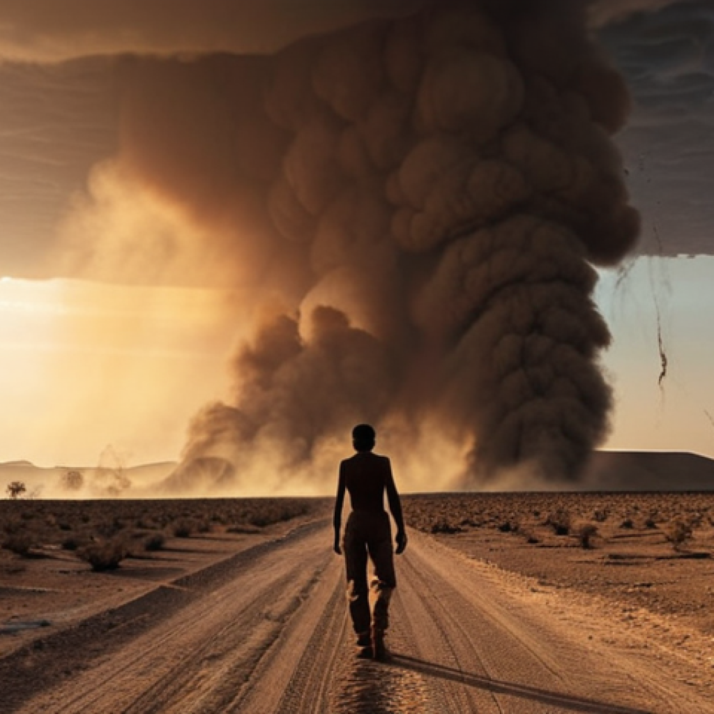**

A desolate, cracked landscape with sparse, struggling vegetation. In the background, dust devils swirl, and a lone figure walks away, silhouetted against the setting sun. Capture the feeling of drought and displacement.

**
