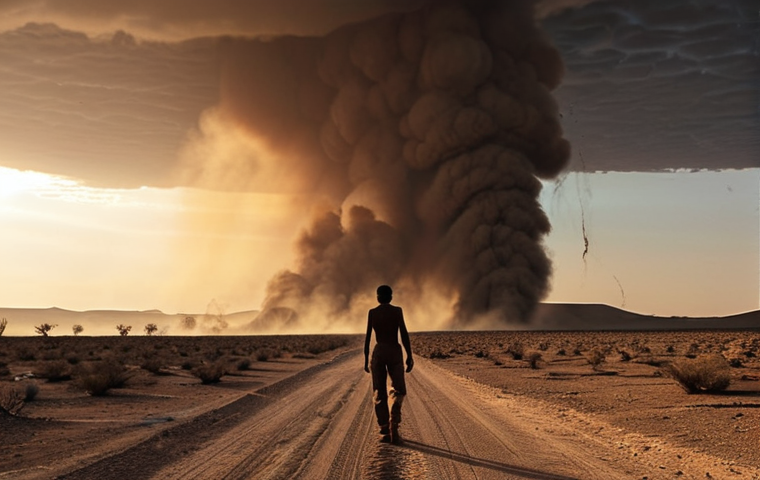**
A desolate, cracked landscape with sparse, struggling vegetation. In the background, dust devils swirl, and a lone figure walks away, silhouetted against the setting sun. Capture the feeling of drought and displacement.
**